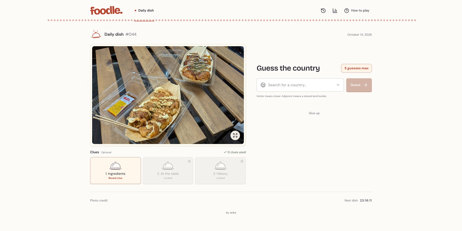 Foodle: a photo of today's dish beside the Guess the country box