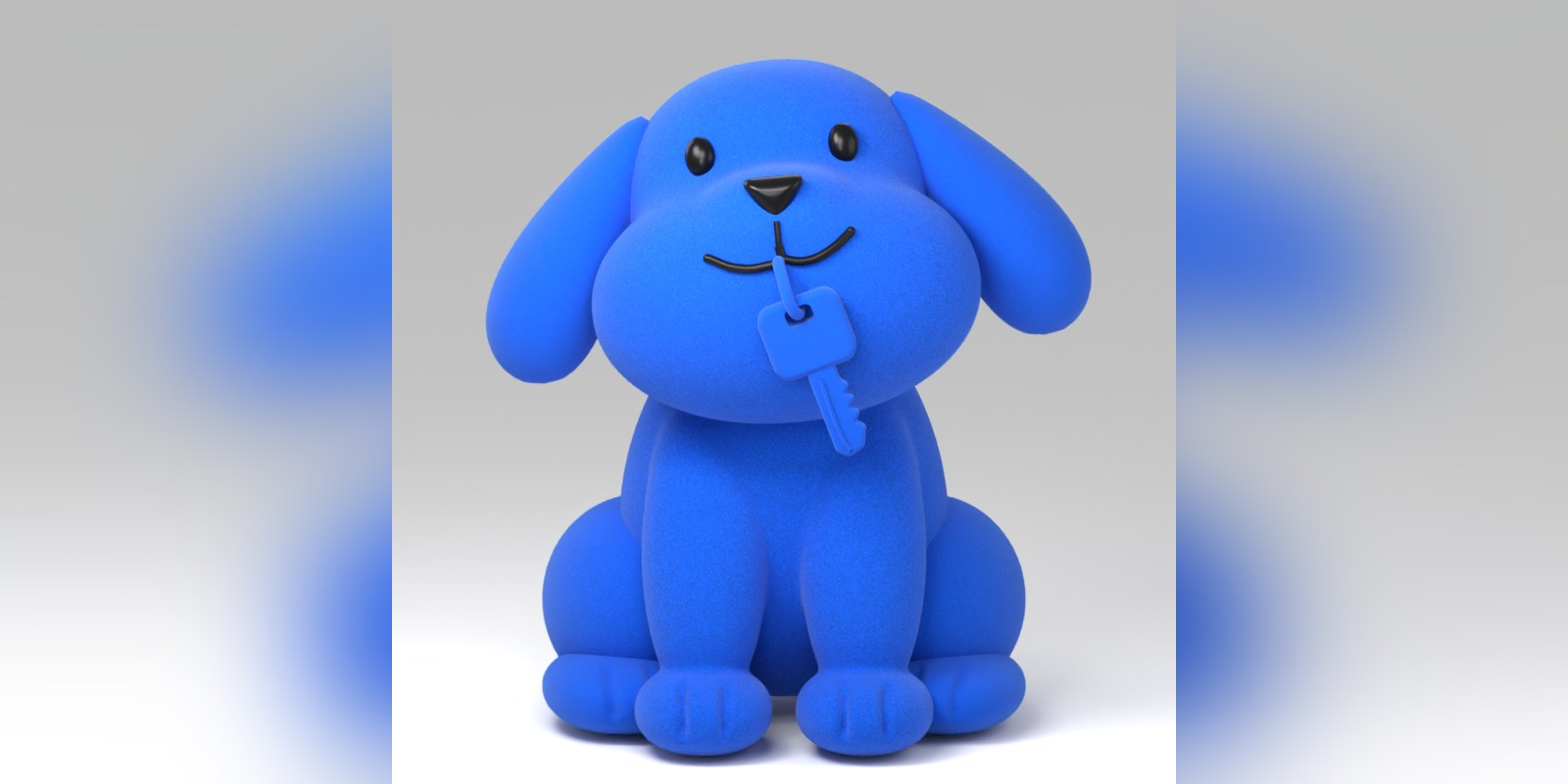 A flocked blue dog mascot holding a key in its mouth, the finished render